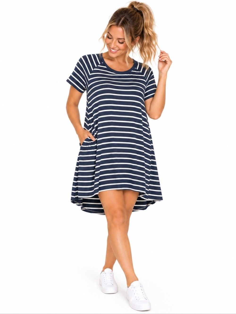 Umgee T-Shirt Dress M Navy White Striped Swing Dress Pockets